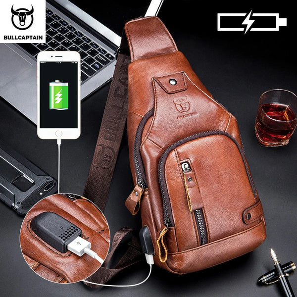 Bullcaptain Leather Large Capacity Chest Bag Men's Shoulder Bag with USB Port for Outdoor Casual Activities