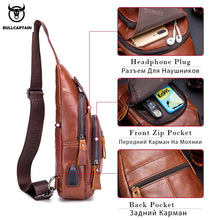 Bullcaptain Leather Large Capacity Chest Bag Men's Shoulder Bag with USB Port for Outdoor Casual Activities